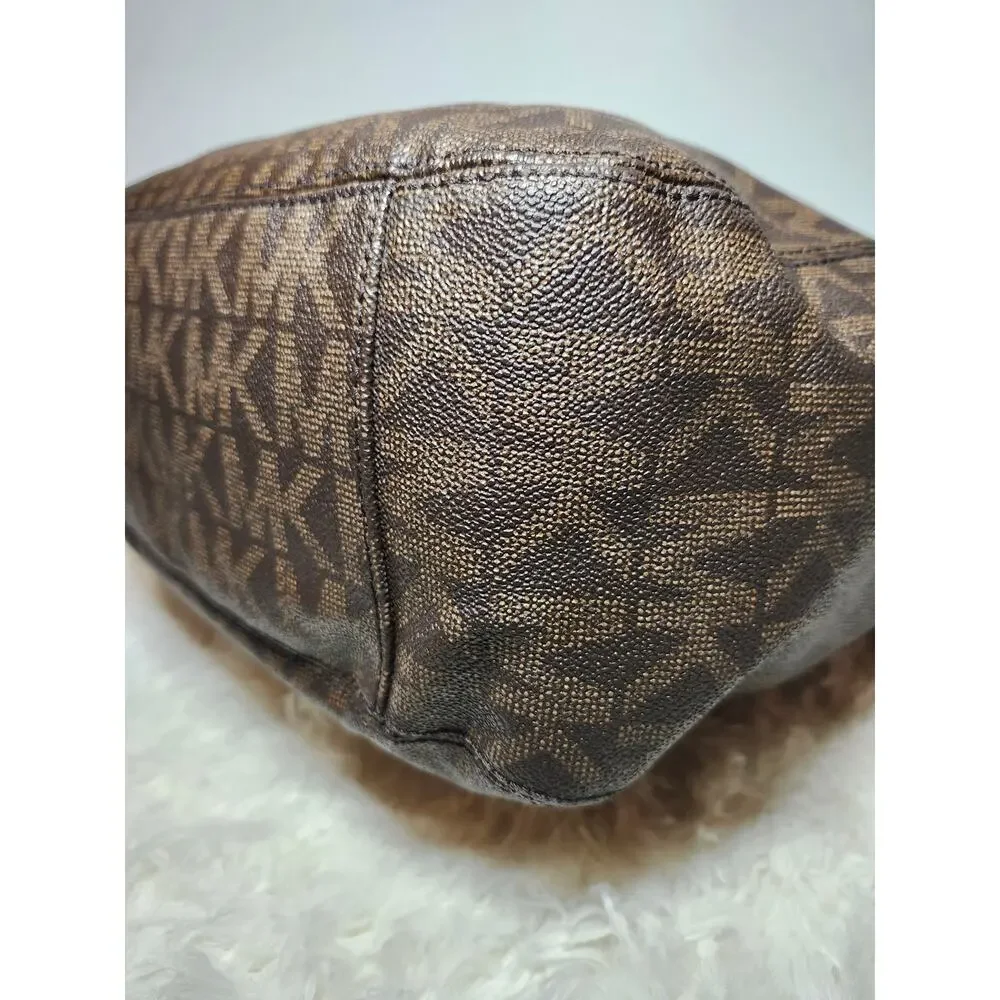 Michael Kors Hobo Tote Bag Brown Gold Classic Signature Monogram Chain